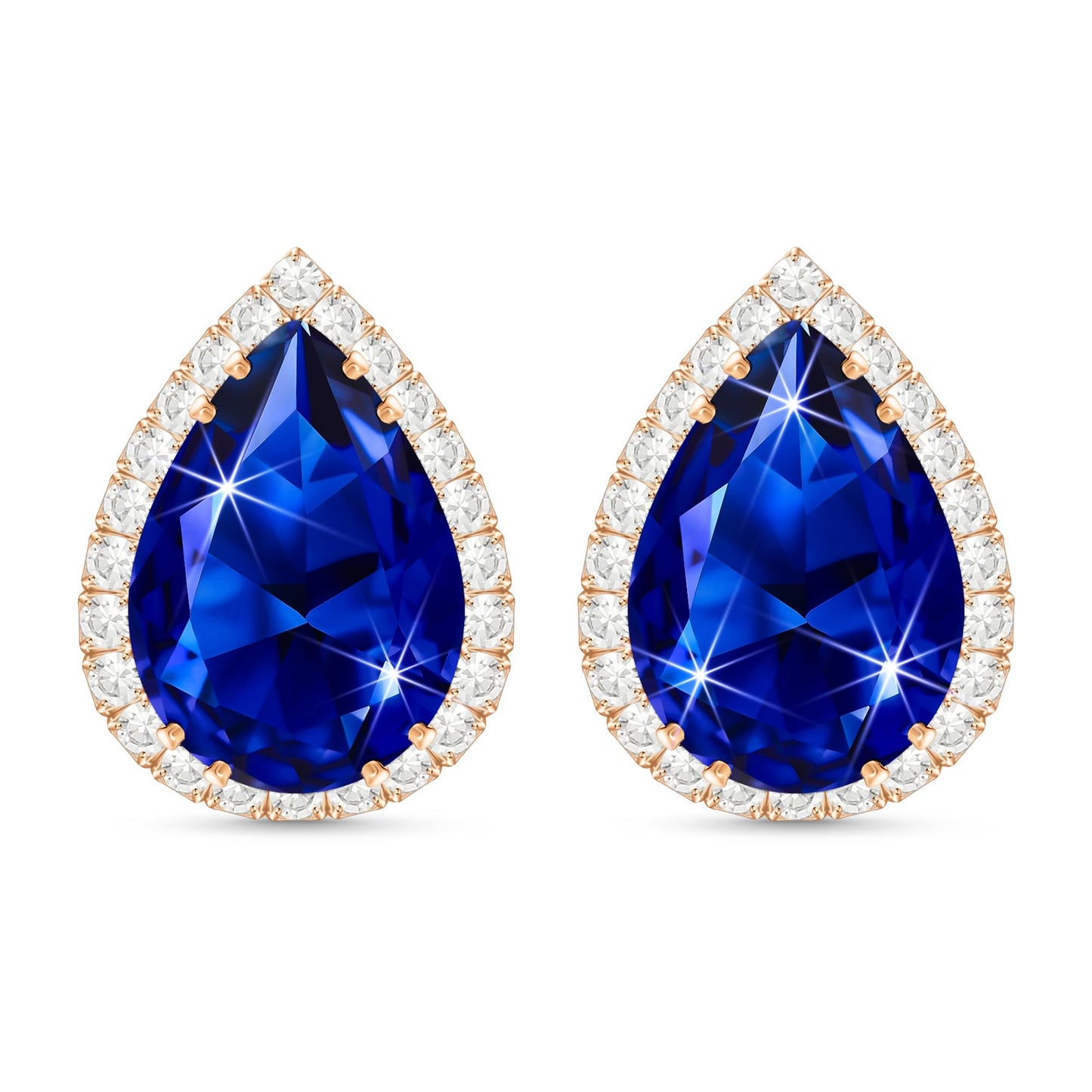 Linawe Imitation Diamond Earrings Sapphire Royal Blue Stud Earrings for Women, Rose Gold Cubic Zirconia Navy Blue Teardrop Statement Rhinestone Crystal Earrings Studs
