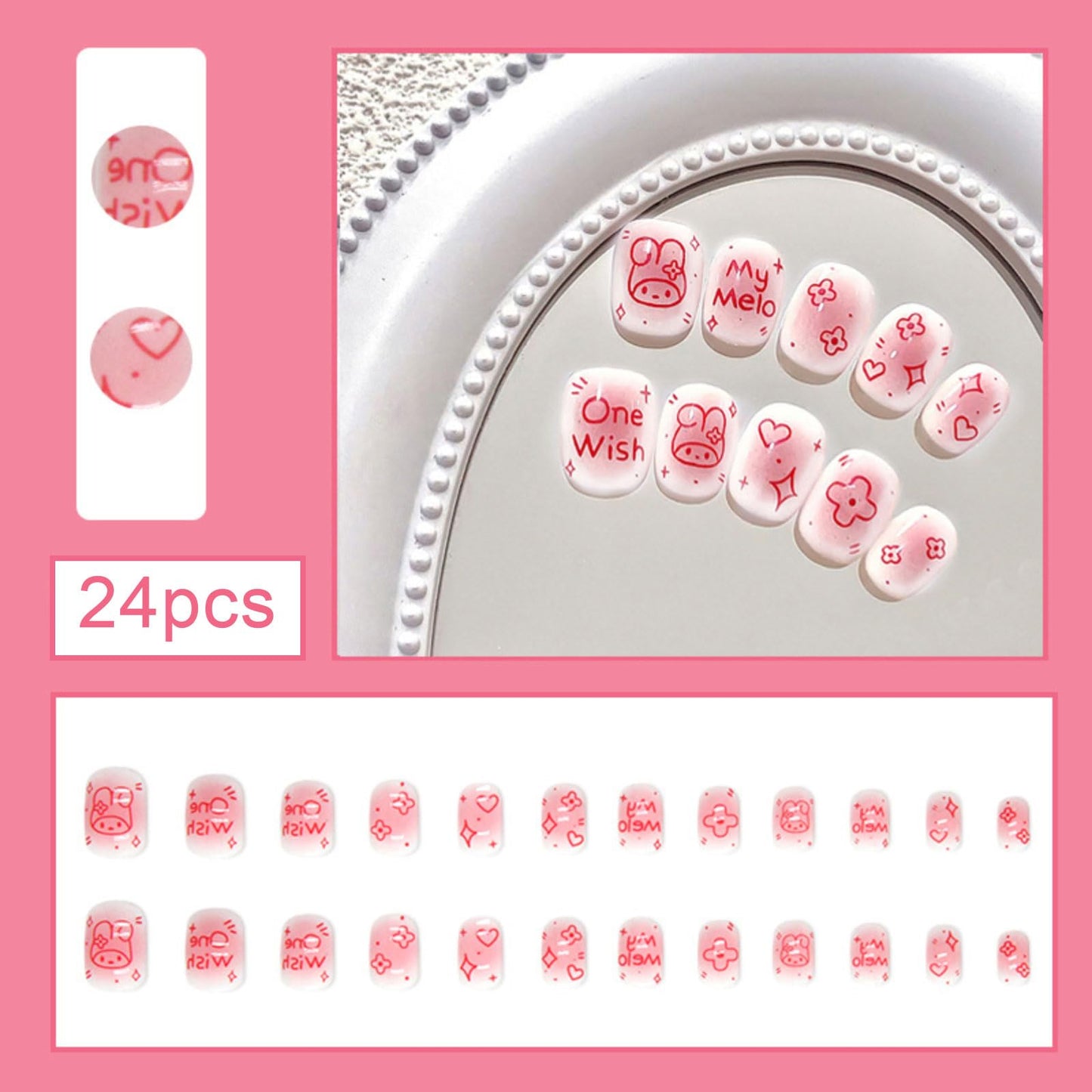 Generic 24PCS Pink Rabbit Short Press on Nails,Pink Press on Nails Short for Girls and Women,Fake Nails Kit with Glue Jelly Glue Stick Mini File and Wet Wipes