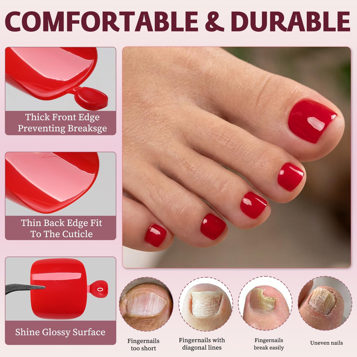 120pcs Red Press on Toenails for Women,Short Square Fake Toe Nails,12 Sizes False Toenails with Nail Glue and Adhesive Tabs