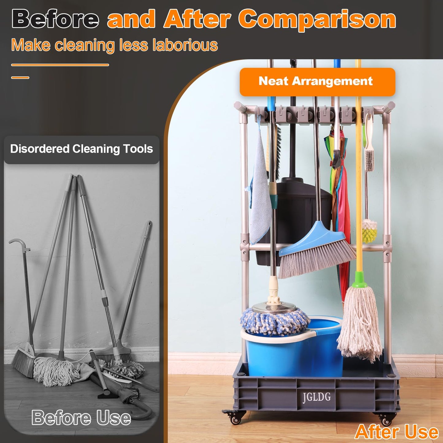 JGLDG Mobile Mop and Broom Holder，Efficient Storage Solution for Cleaning Tools Keep Your Tools Handy and Organized