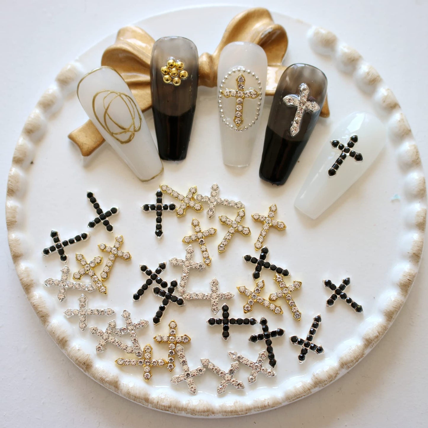 30PCS Nail Art 3-Color Mixed Metal Cross with Rhinestone Shapes DIY Craft Deco 3D Metal Charms 10331