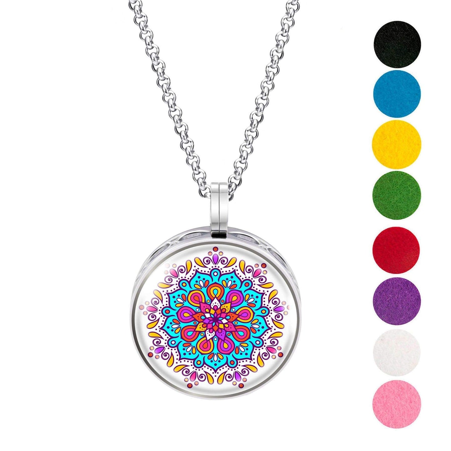 Wild Essentials Mandala Enamel Finish Essential Oil Diffuser Necklace Gift Set - Includes Aromatherapy Pendant, 24" Stainless Steel Chain, 8 Color Refill Pads