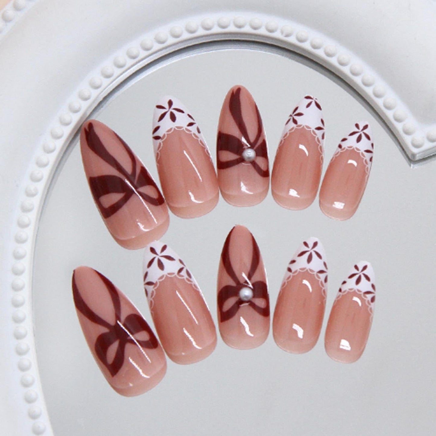 Hkanlre Ballet Press on Nails Almond Full Cover False Nails Red Bow Fake French Nails Medium for Women 24PCS