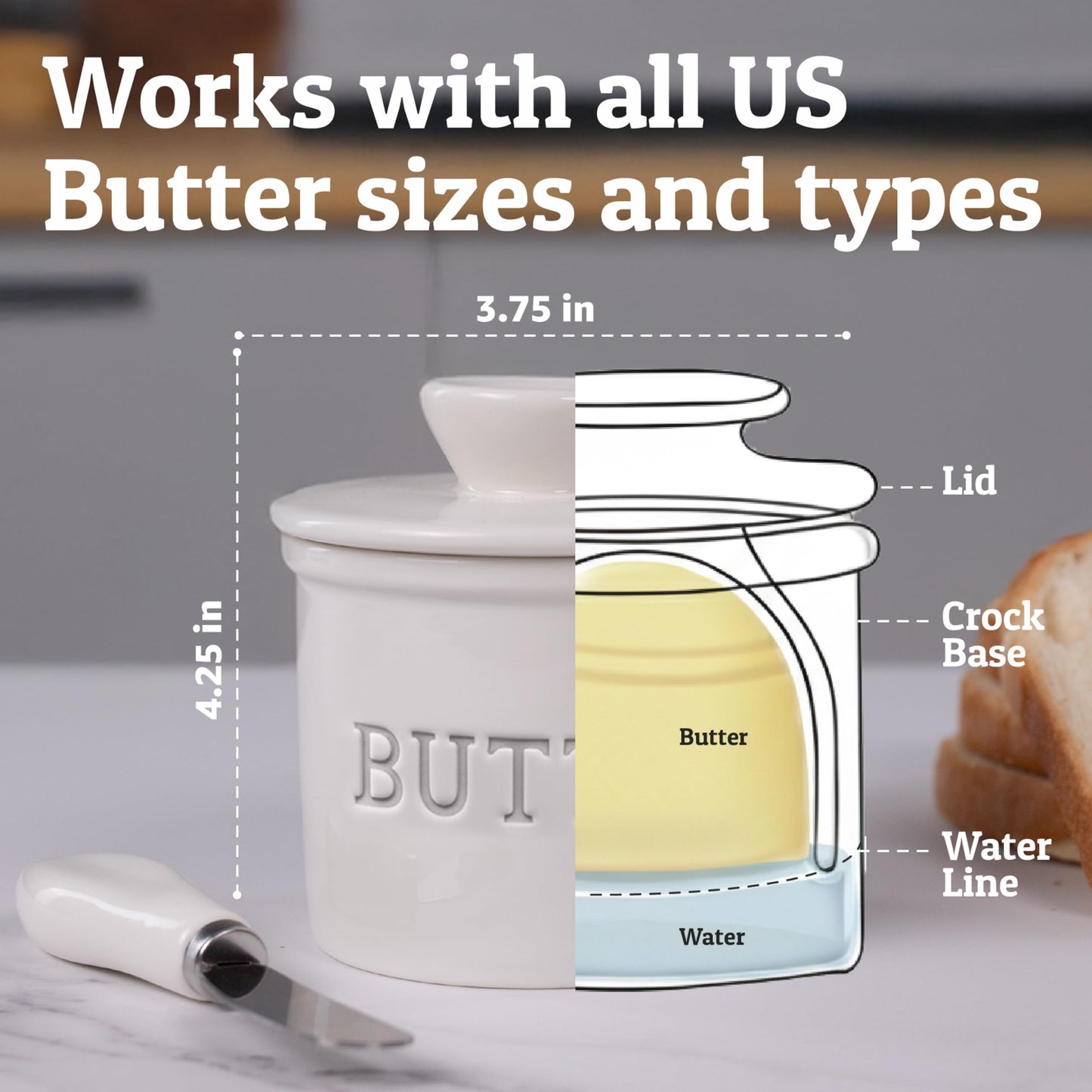 Priority Chef Butter Crock with Lid with Water Line, Ceramic French Butter Dish to Leave On Counter, White