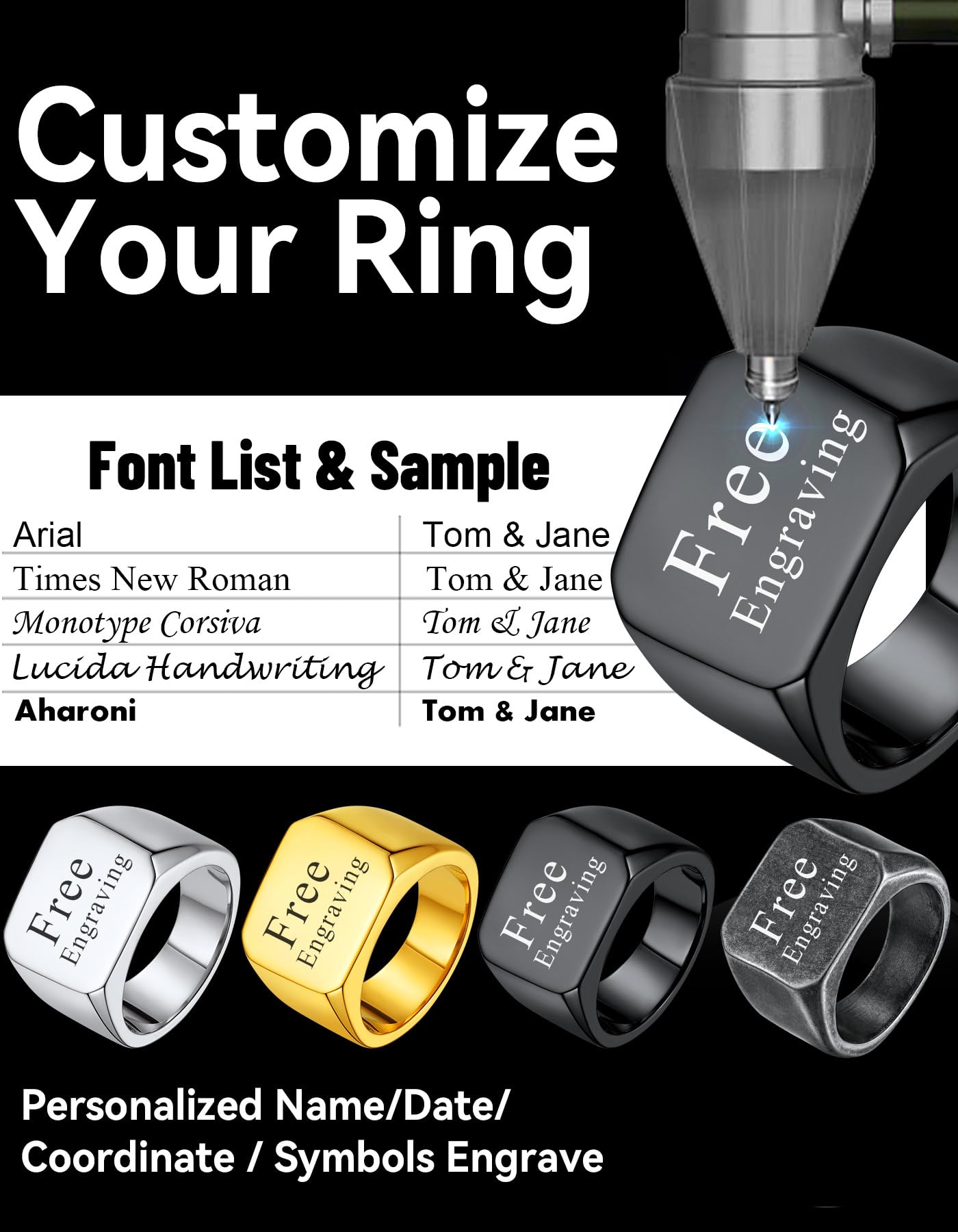 ChainsHouse Black Personalized Signet Rings for Men Women Solid Polished Stainless Steel Biker Ring Size 7