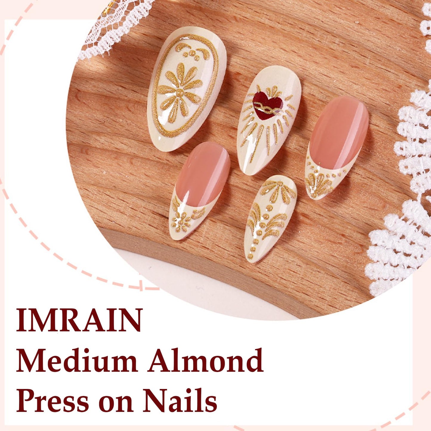 IMRAIN Press on Nails Medium Almond Fake Nails French Nail Tips 3D Golden Flower Designs Full Cover Artificial Stick on False Nails for Women