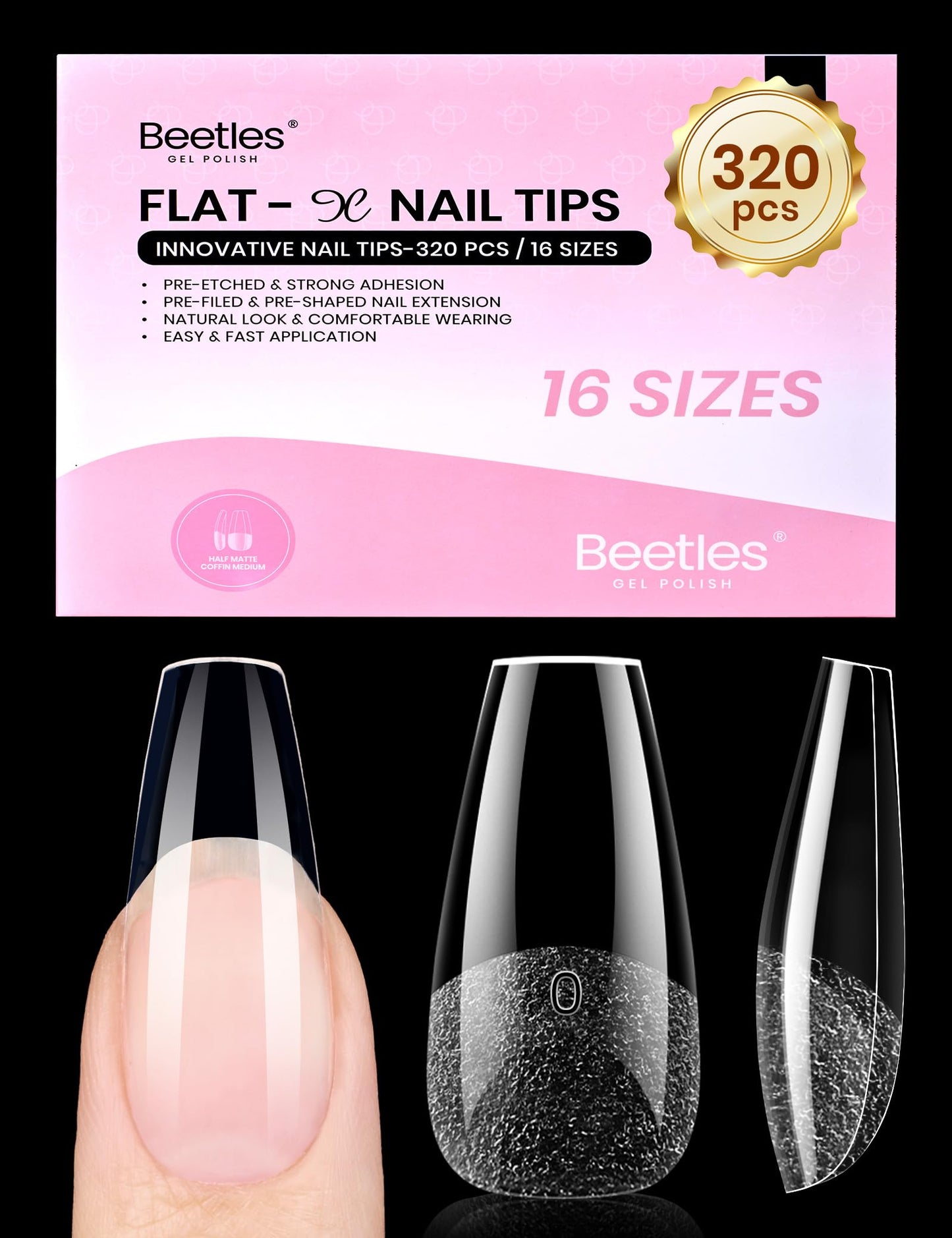 Beetles Gel Nail Tips Flat-X - Coffin Medium, 320pcs 16 Sizes, Pre-Etched Half Matte Full Cover Soft Acrylic Press on False Nail Extension Tips Easy DIY Salon Art for Flat & Natural Nail Beds