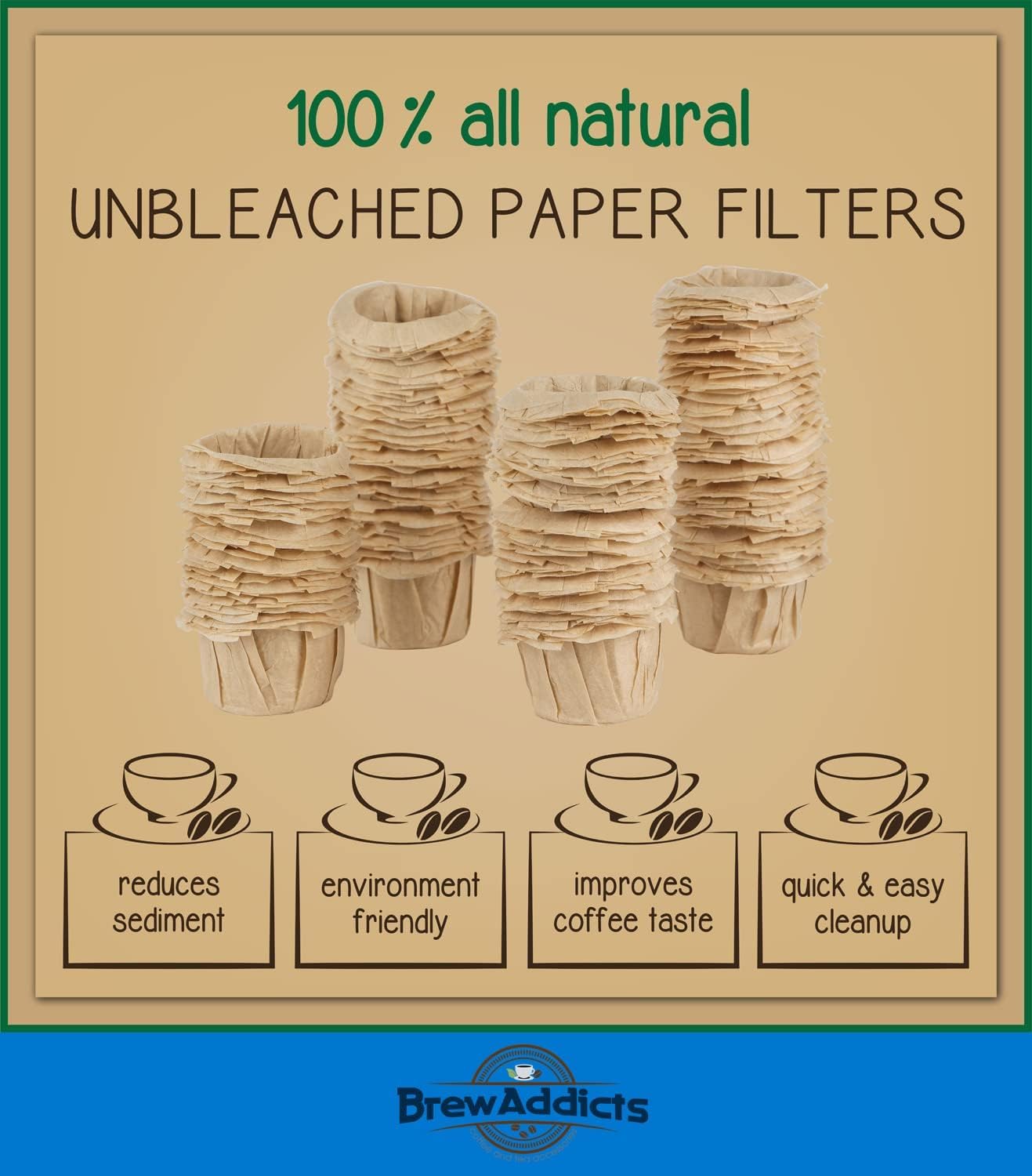 Brew Addicts 300 Paper Coffee Single-Use Filters, Brown, All-Natural & Unbleached for Keurig Brewers and Compatible with K-Cup Pods 1.0 & 2.0 Models, Disposable filters