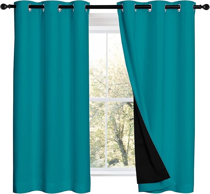 NICETOWN 100% Blackout Curtains 54 inches Long, Double-Deck Completely Blackout Window Treatment Thermal Insulated Lined Drapes for Small Window (Peacock Teal, 1 Pair, 42 inches Width Each Panel)