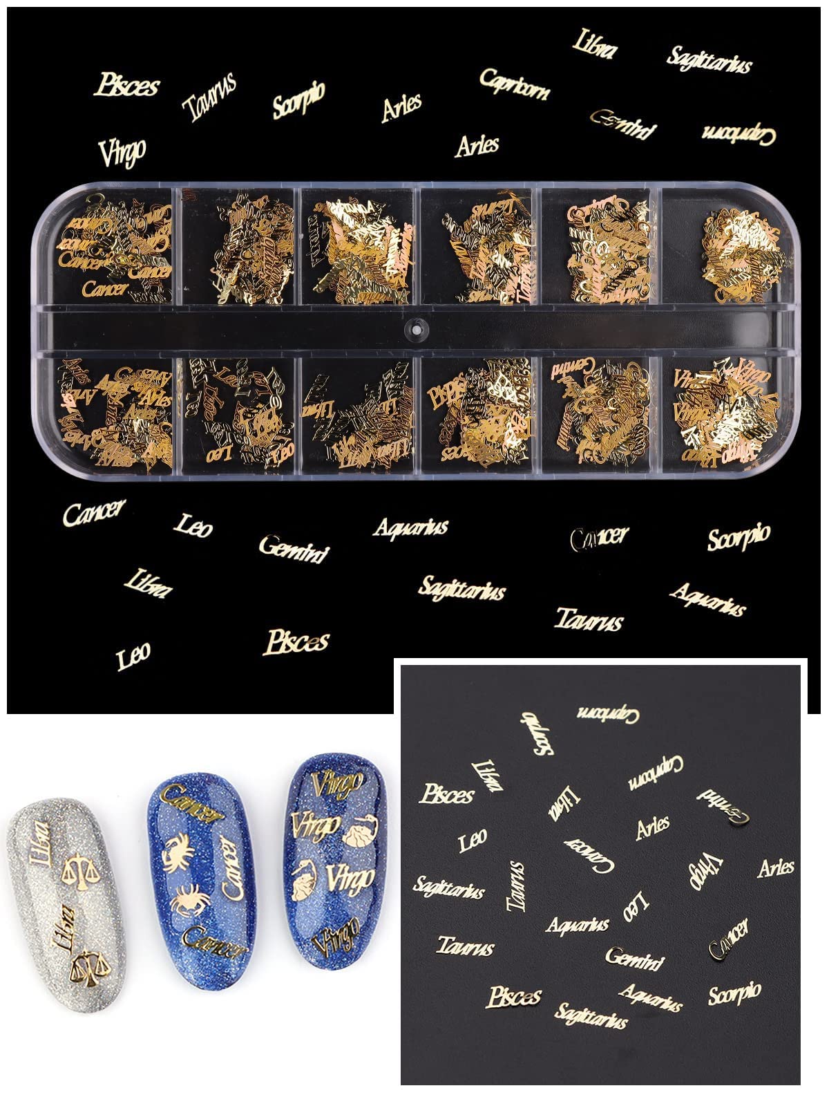 EBANKU 2 Boxes Zodiac Nail Charm, 3D Gold Twelve Constellation Charms for Nail Art, Alloy Nail Sequins Aquarius Nail Charms for Nail Art Decoration