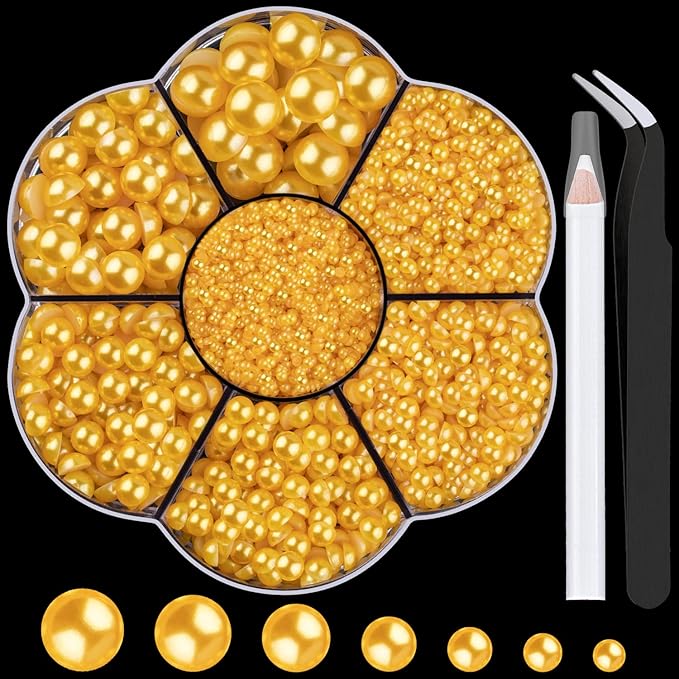 Nail Art Flat Back Half Round Pearl Kits 28, 1 Box of 6000 Pcs Flat-Back Golden Yellow with Tweezer and Picker Pencil for Home DIY Nails Body Face Craft and Salon Use