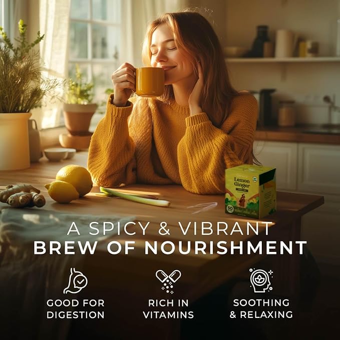 Gya Tea Co Lemon Ginger Herbal Tea Bags (50 Bags) - Caffeine Free with a Tangy Flavor for All Day Comfort, Calming, Relaxing & Nourishing - Fruit & Herbal Blends