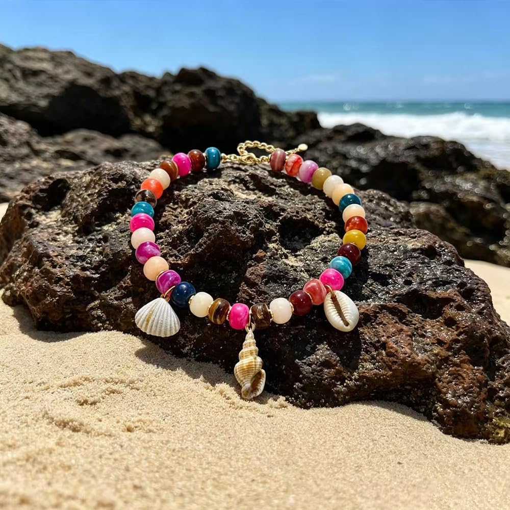 ROYNRAU Chunky Colorful Beaded Necklace for Women-Unique Resin Beads Starfish Shell Charms Pendant Choker Necklaces Boho Statement Summer Vacation Beach Jewelry (Conch-Sharp)