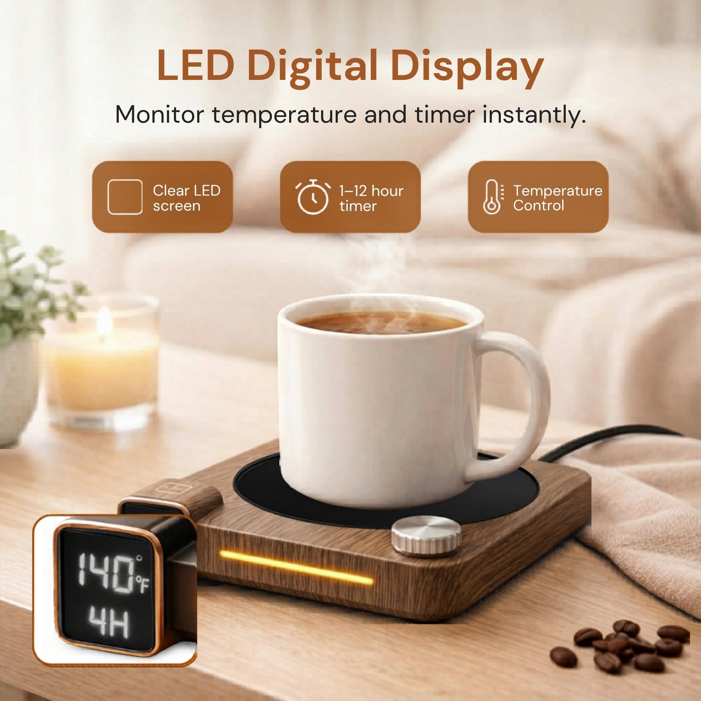 Coppe Time Coffee Mug Warmer for Desk, 40W Electric Cup Warmer with Digital Display, 9 Temp Settings, 1–12H Timer & Auto On/Off, LED Display Candle & Beverage Warmer Plate.