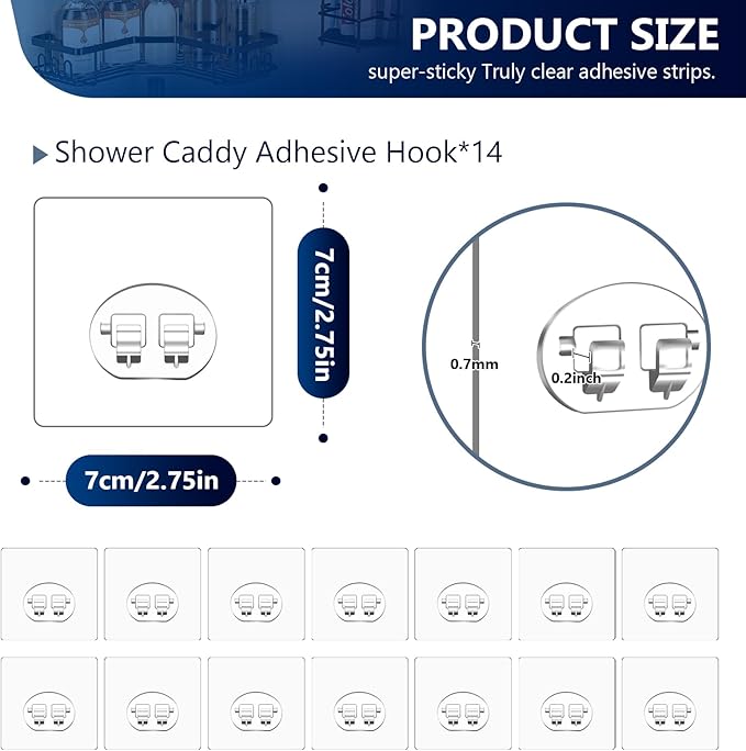 Shower Caddy Adhesive Single Hooks for Replacement, Shower Holder Organizer Self Adhesive Wall Hooks for Bathroom Corner Shelf Basket Soap Dish (Transparent-14Pack 1 Hooks)