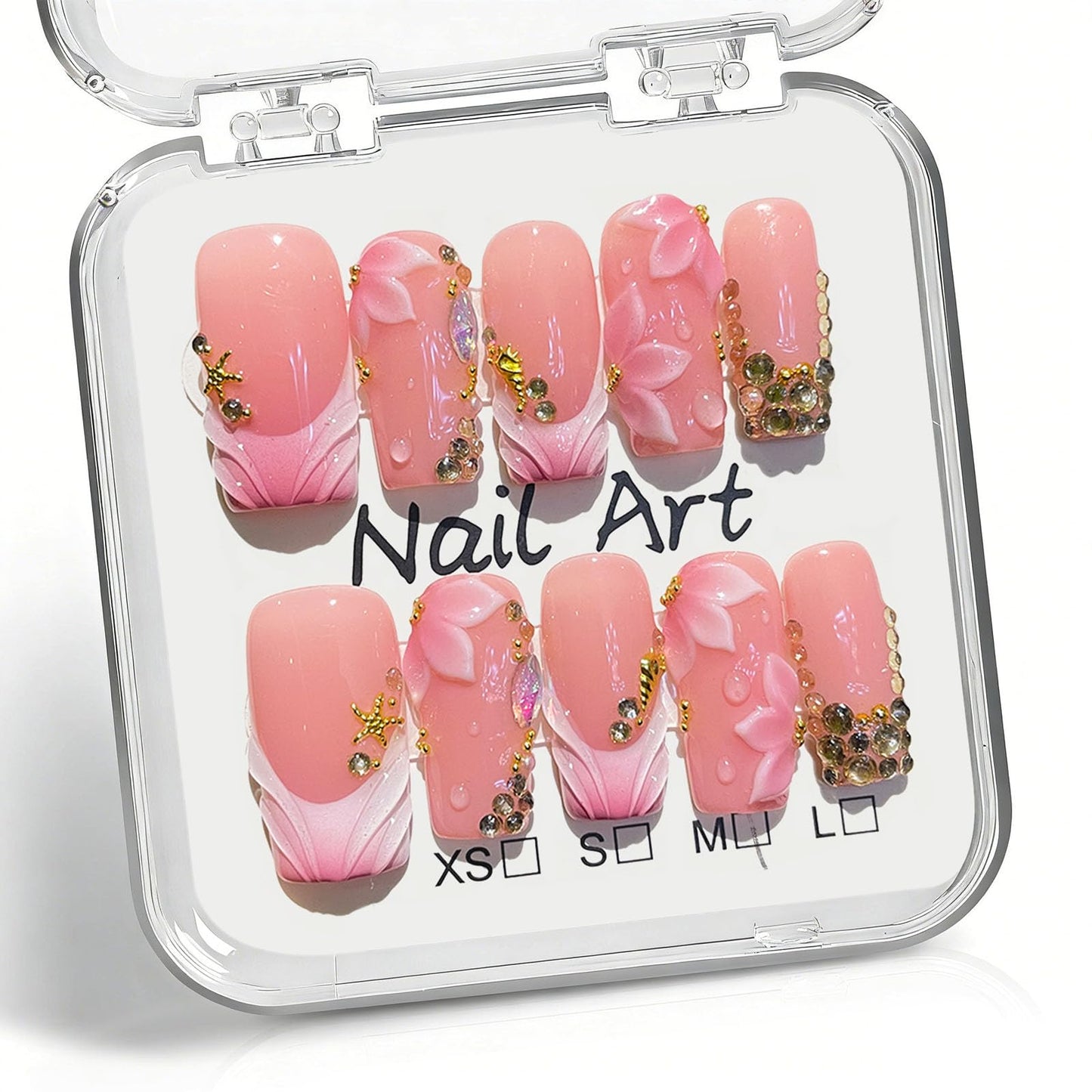 Threelegscat Pink French Tip Handmade Medium Square Press on Nails, Acrylic Fake Nails Salon Quality, 10 PCS with 3D Gold Rhinestone & Flower, Size M for Women, Party, Daily, Wedding