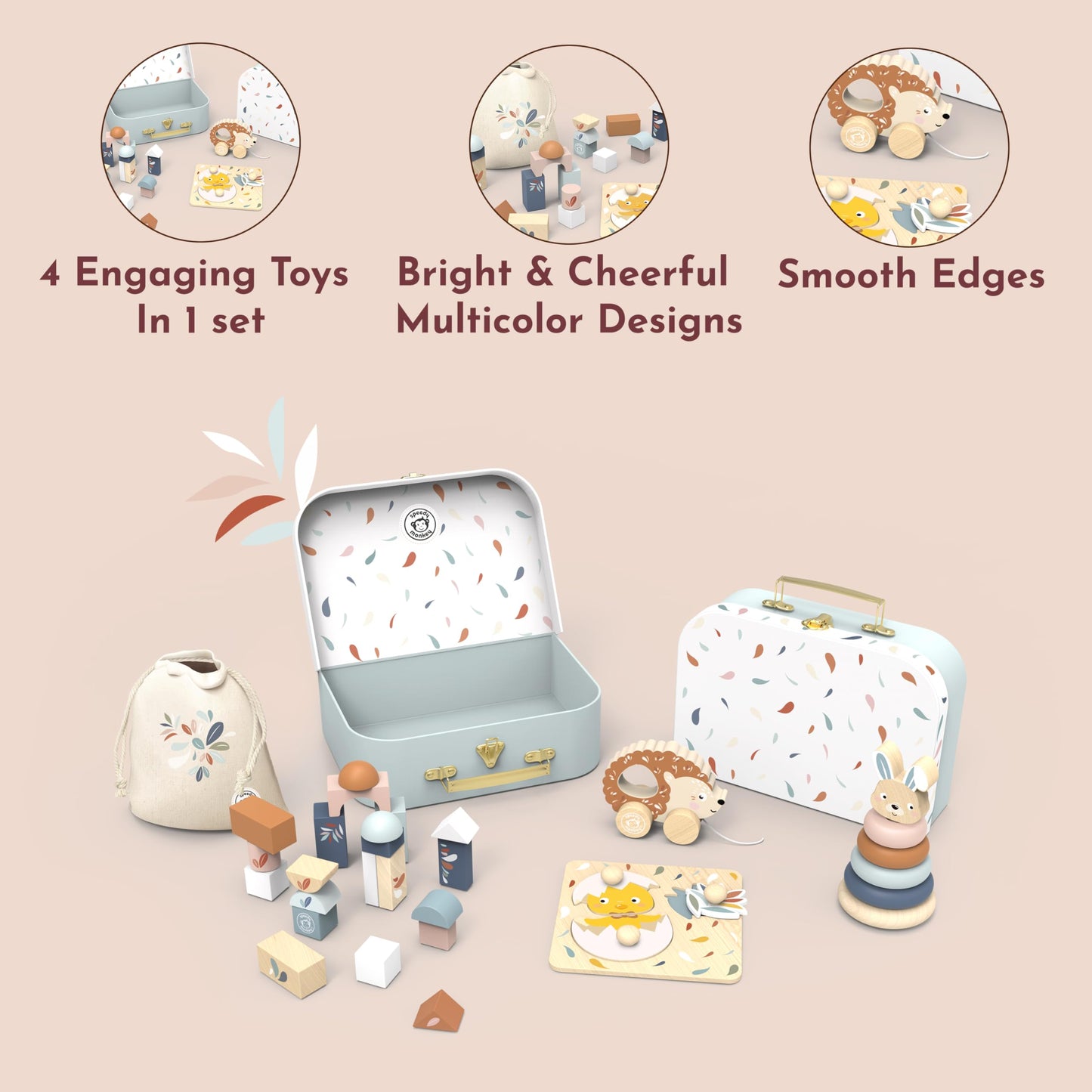 SPEEDY MONKEY Montessori My First Toy Box for Early Learning | Wooden Nursery Toy Set with Blocks, Stacking Rabbit, Chick Puzzle & Pull-Along Hedgehog | for Kids Ages 1+