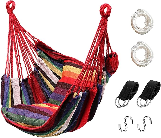 Hommtina Hammock Chair Hanging Rope Swing, Max 300 Lbs Hanging Chair with Pocket & Durability Perfect for Outdoor, Home, Bedroom, Patio, Yard (Pillows NOT Included,Colorful)