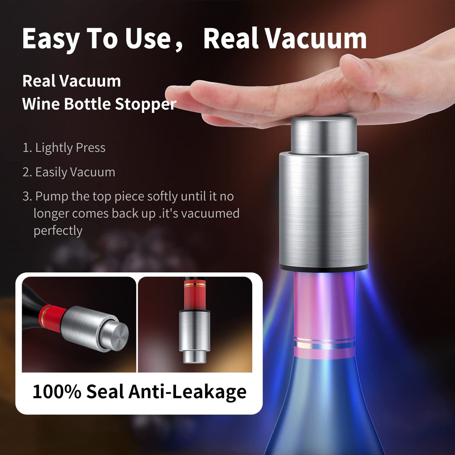 [2 PACK]Wine Bottle Stoppers，2-in-1 Vacuum Wine Stopper，1 Stainless Steel (Silver) and 1 ABS(Black) Wine Savers, Reusable Wine Preserver, Vacuum Pump Corks Keep Wine Fresh, Best Gift Accessories.