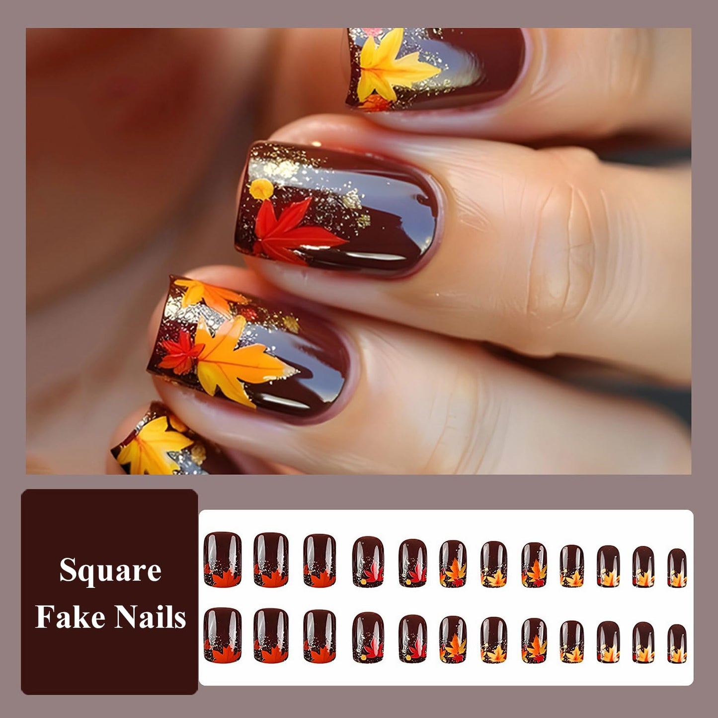 MISUD Press on Nails - Short Square Fake Nails with Fall Brown, Acrylic Autumn Maple Leaf Design 24 pcs