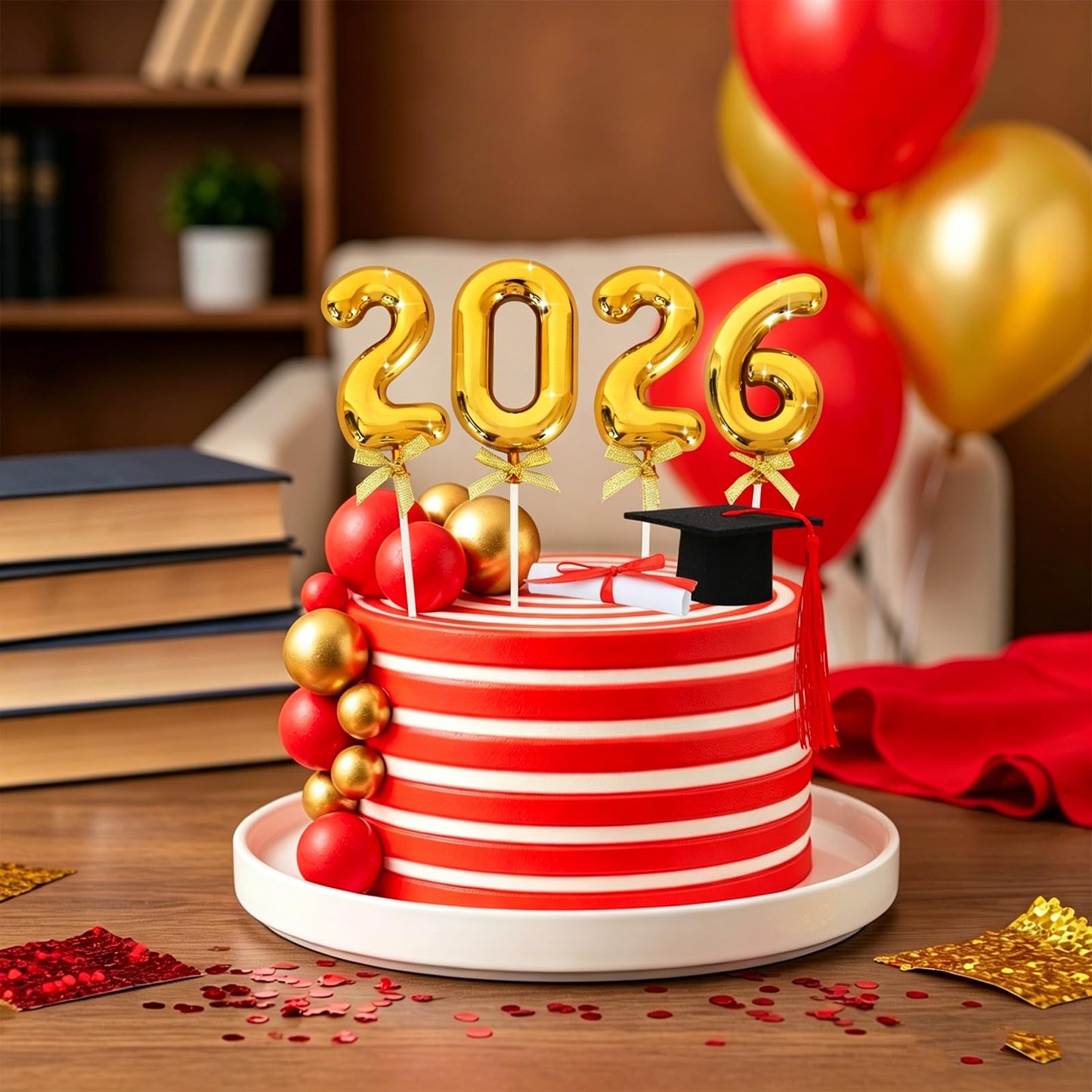 BEISHIDA Graduation Cake Toppers - 2026 Graduation Cupcake Congrats Grad Cake Decorations with Cap Diploma Balls for 2026 High School College Party Supplies（Red Gold）