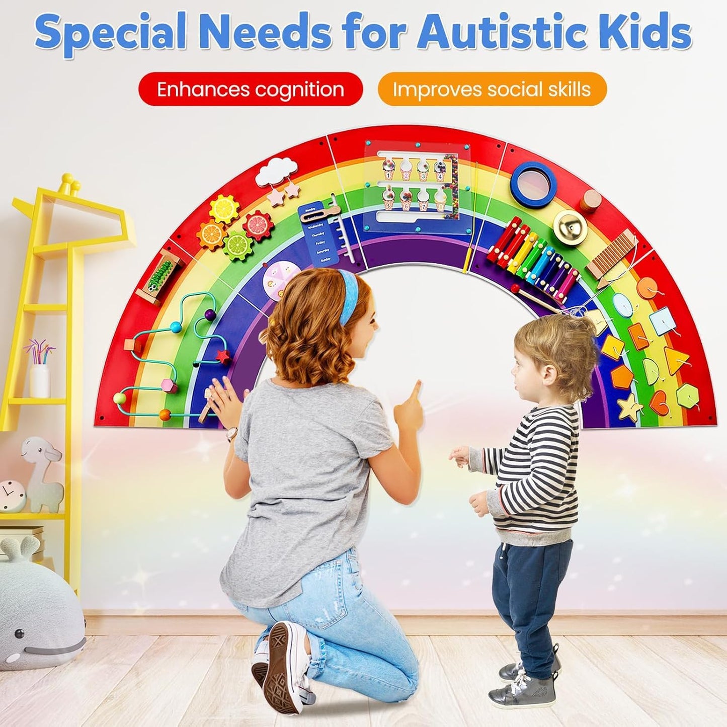 Sinpedex Rainbow Wall Busy Board for Kids: Wooden Montessori Activity Panel | 13-in-1 Sensory Learning Toys for Fine Motor Skills - Playroom & Nursery Essentials for Toddlers