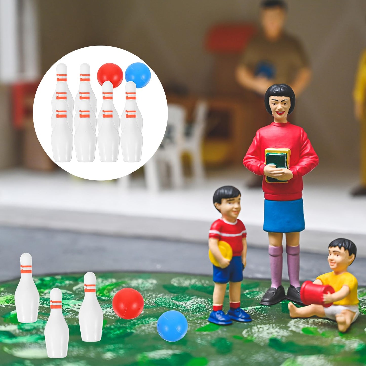 Toyvian Miniature Bowling Model Set with Durable Mini Bowling Pins and Ball for Dollhouse Accessories and Kids Play Realistic Mini House Decoration