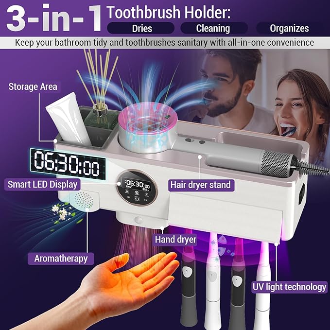 Toothbrush Cleaner and Holder for Bathrooms Wall Mounted with Fan Drying&30min Timing Function Cruise Air Drying,Electric Toothbrush Holder with 4Toothbrush Slots,Toothpaste Dispenser with Led Smart