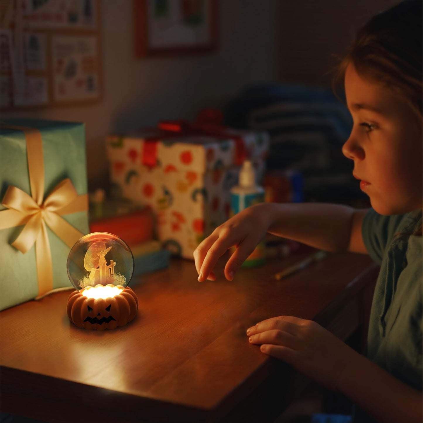 Briignite LED 3D Crystal Ball Night with Pumpkin Switch Light Base, Funny Halloween 3000K Warm Night Light for Kids Room Holiday Party Decor and Gift