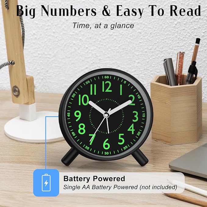 Analog Alarm Clock Night Ligh Battery Operated for Bedroom