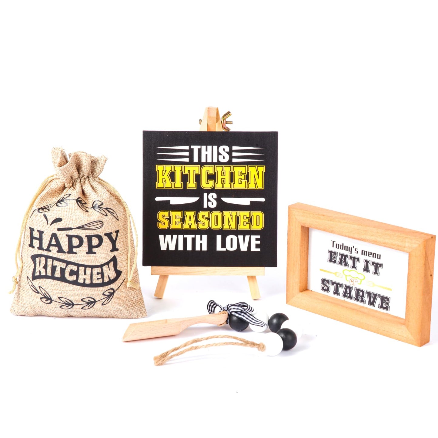 Rustic Farmhouse Kitchen Decor Set - 5-Piece Wooden Signs with Funny & Inspirational Quotes, Free-Standing Shelf & Tabletop Decor for Counter, Dining Room, Cafe - Housewarming Gift for Chef, Home
