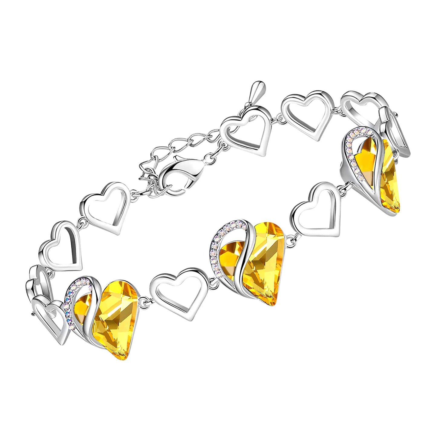 Leafael Infinity Love Heart Gift Bracelet for Women, November Birthstone Crystal, Citrine Yellow, Silver Tone, 7-inch Chain and 2-inch Extender