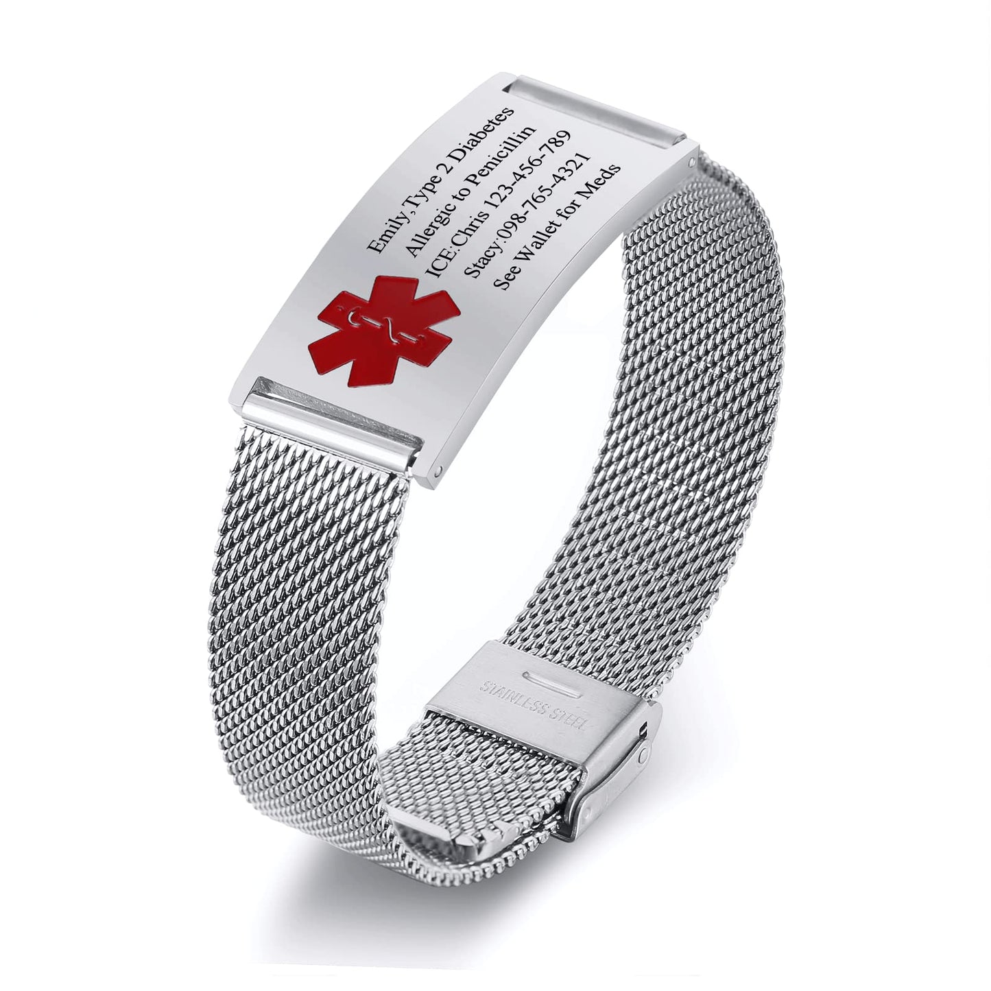 VNOX Width Medical Alert Bracelets for Men Free Engraving Adjustable Mesh Emergency Medical ID Bracelets
