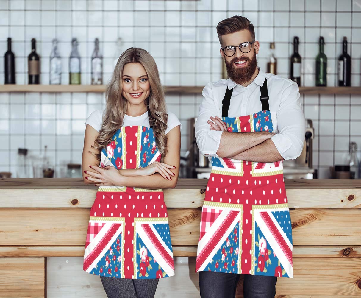 WONDERTIFY British Flag Apron,England Flag in Chic Floral Style Bib Apron with Adjustable Neck for Men Women,Suitable for Home Kitchen Cooking Waitress Chef Grill Bistro Baking BBQ Crafting Apron