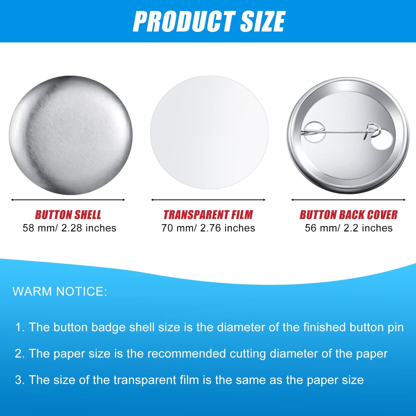 300 Pieces Blank Button Making Supplies Round Badge Parts Metal Pin Badge Kit for Button Maker Machine, Including Metal Shells Back Cover and Clear Film(2.28 Inch,Silver)