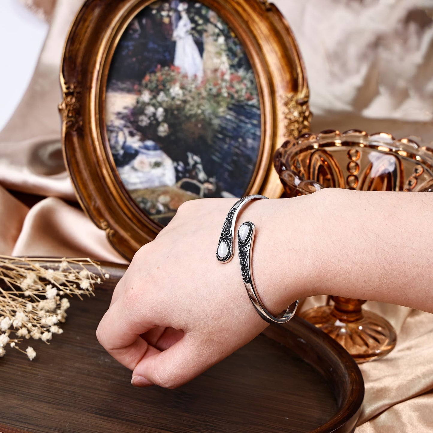 Irideket Opal Stones Vintage Sterling Silver Plated Cuff Bracelet, Silver Bangles for Women, Adjustable Silver Jewelry, Elegant Silver Bracelet