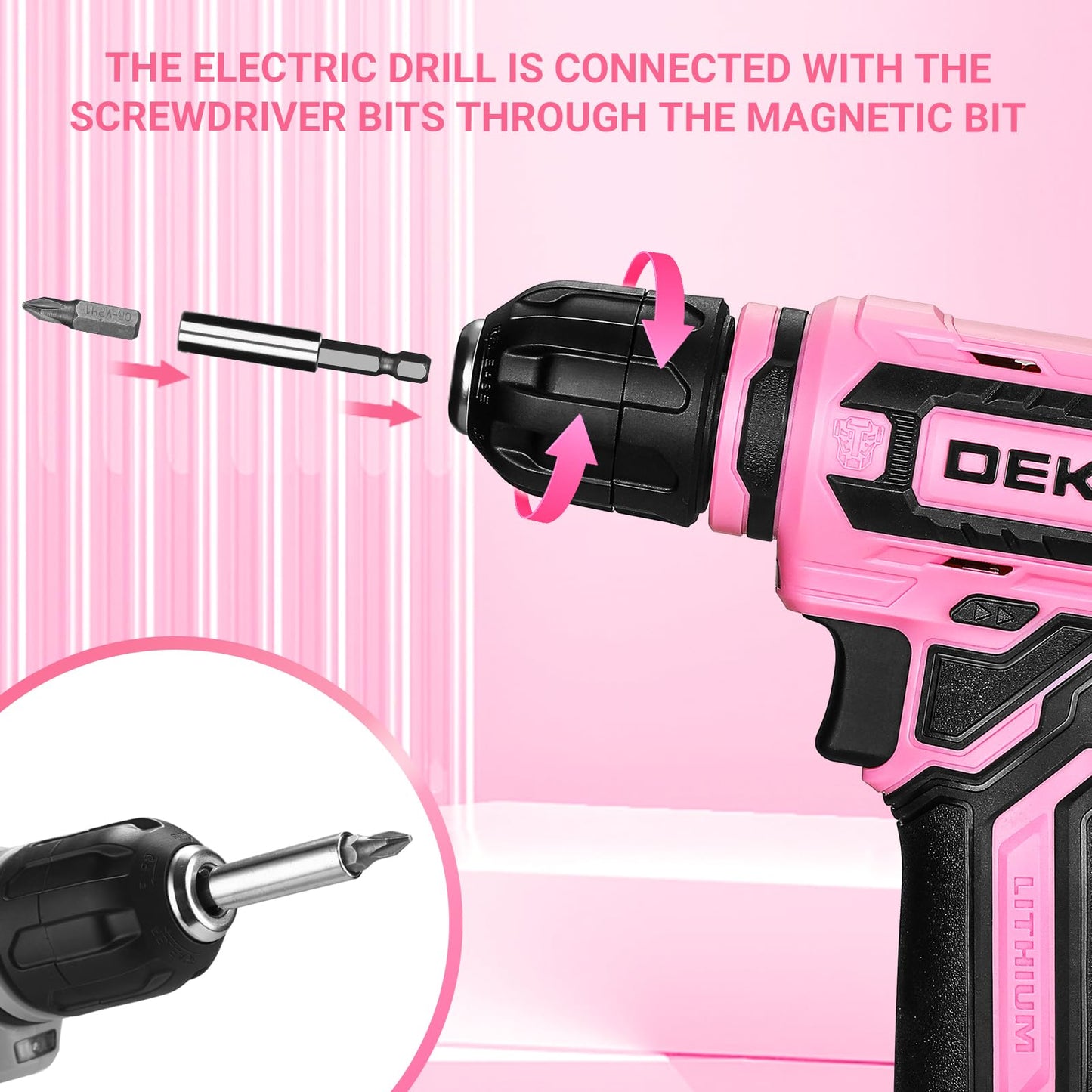 Cordless Drill：DEKOPRO 12V Power Drill Set with Pink 800RPM Electric Drills with Tool Set Gift Box, Pink Drill Set for Women