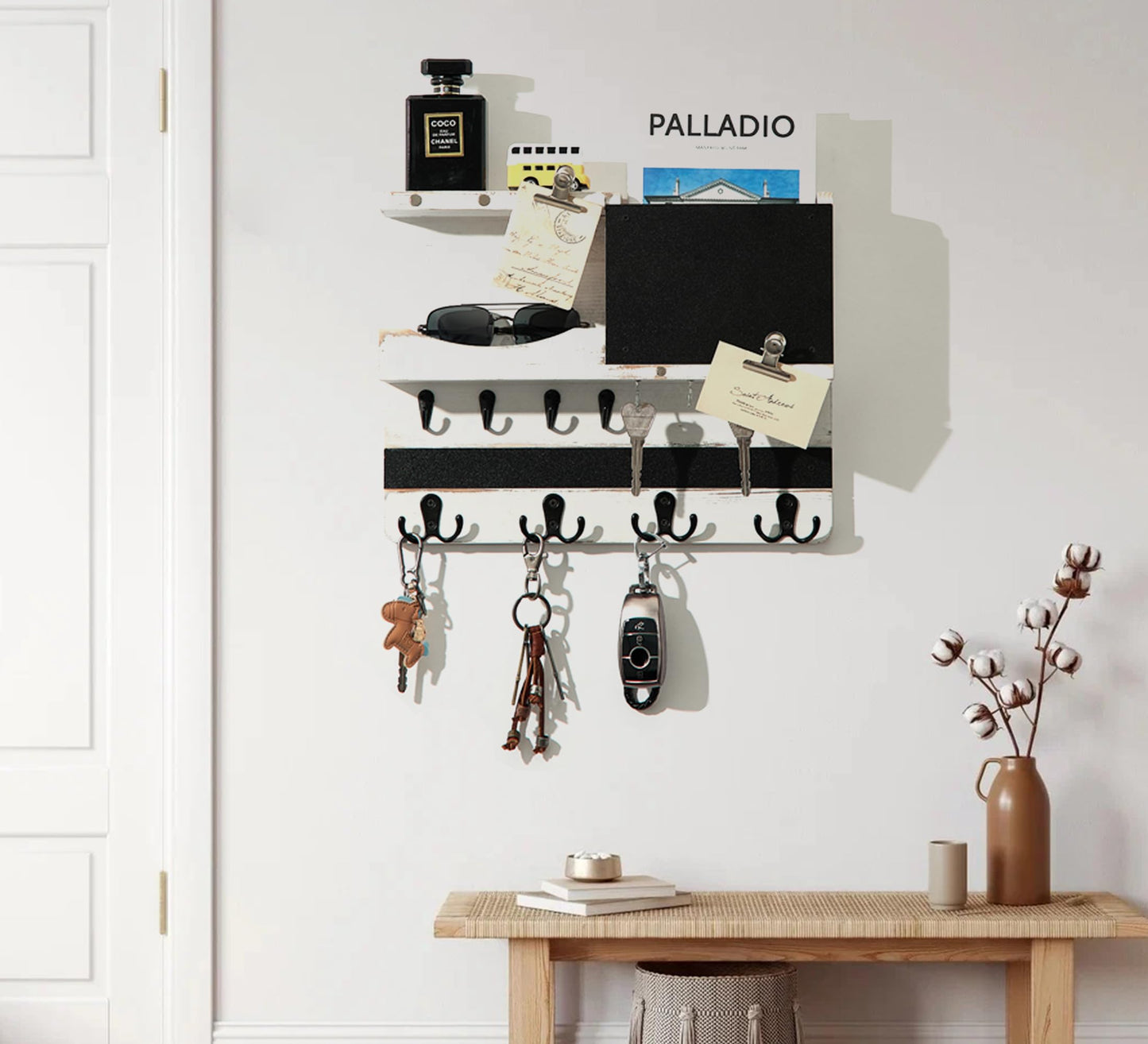 HEKOOLA Key Holder for Wall Mount with Shelf and Mail Organizer, Key and Mail Holder with 16 Hooks, Farmhouse Entryway Organizer, Home Decor Rack (Pine Wood, White Washed)