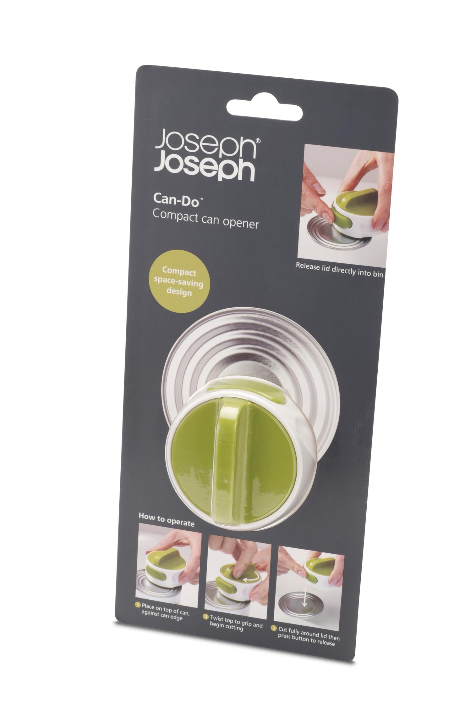 Joseph Joseph Can-Do Compact Can Opener Easy Twist Release Portable Space-Saving Manual Stainless Steel, Green