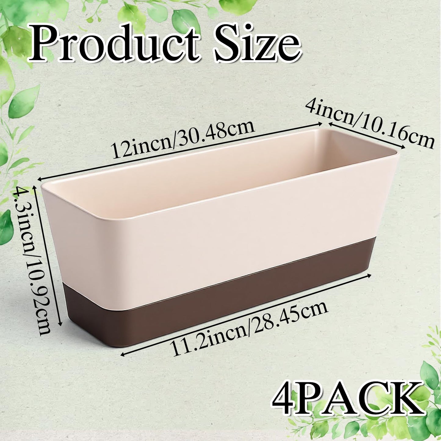 SHENLIU 4 Pack Rectangular Plant Pot, 12 Inch Watering Plant Container with Drainage Hole and Saucers Large Plastic Flower Pots Succulent Window Sill Planter Window Planter Box for Succulents, Flowers