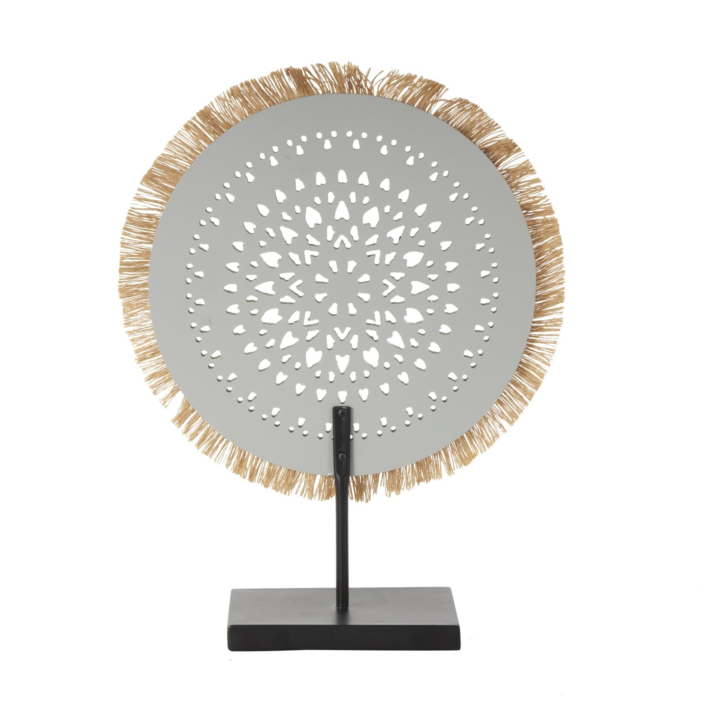 Deco 79 Wooden Tribal Handmade Decorative Sculpture Seagrass Fringed Home Decor Statue with Black Base, Accent Figurine 14" x 4" x 18", Gray