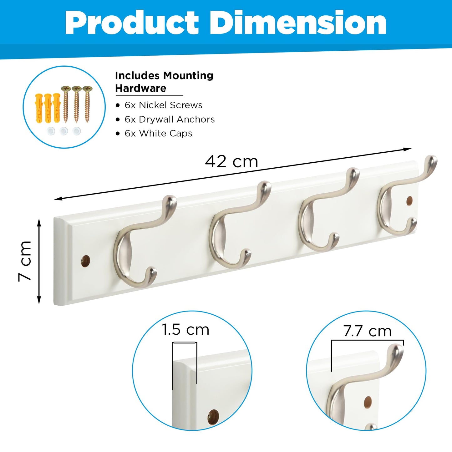GlazieVault Coat Hooks Wall Mounted - MDF Board Nickel Hook Coat Rack(2 Pack) - Heavy Duty White -Coat Hooks for Wall Clothes Hooks and Wall Hooks