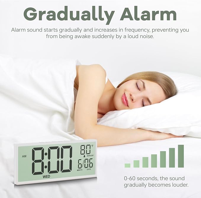 JALL Large Digital Wall Clock Battery Operated, Wall Clock with Big Numbers LCD Display, Digital Clock with Simultaneous Date Day Temperature, Auto DST, Clocks for Office, Gym, Bedroom, Elderly- White