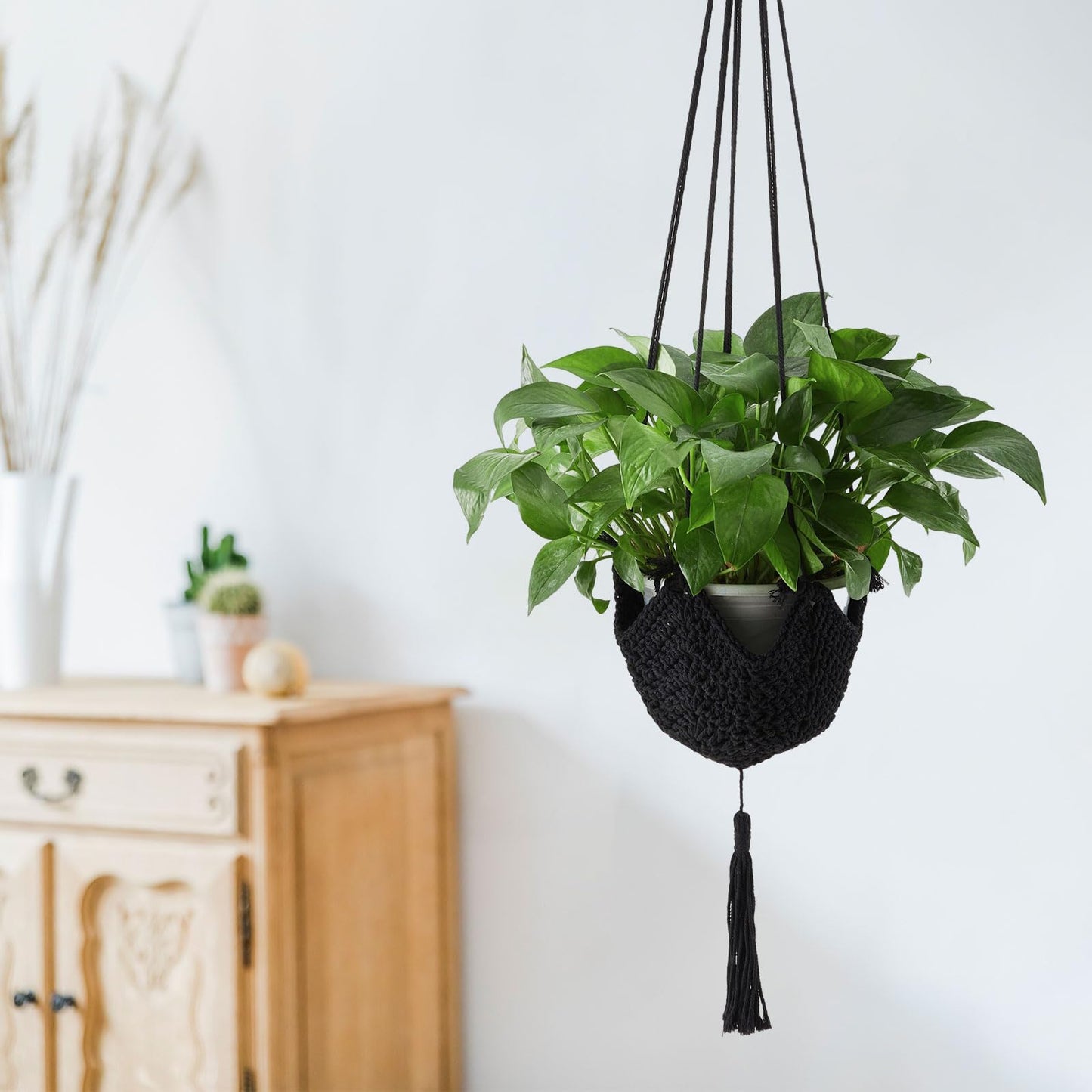 Shappy 1 Pack Jute Crochet Long Plant Hanger for 3 Inch to 12 Inch Pots, Macrame Plant Holder Rope with S Shaped Hooks for Halloween Home Decor (Black)