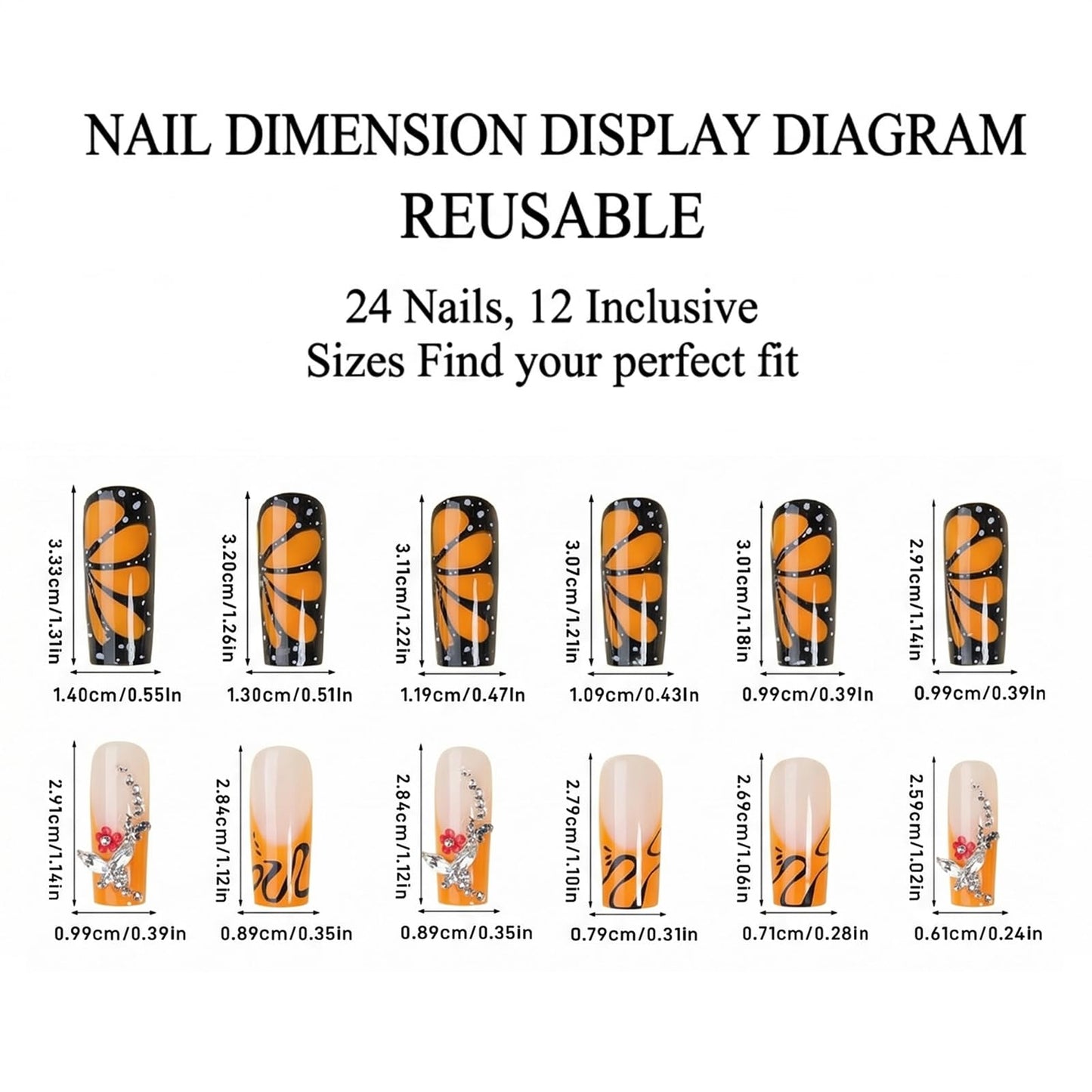 IMSOHOT Long Square Press on Nails, Long Fake Nails, Orange Monarch Butterfly Rhinestone Design, 24 Pcs Reusable Glue on Nails for Women, Salon Quality