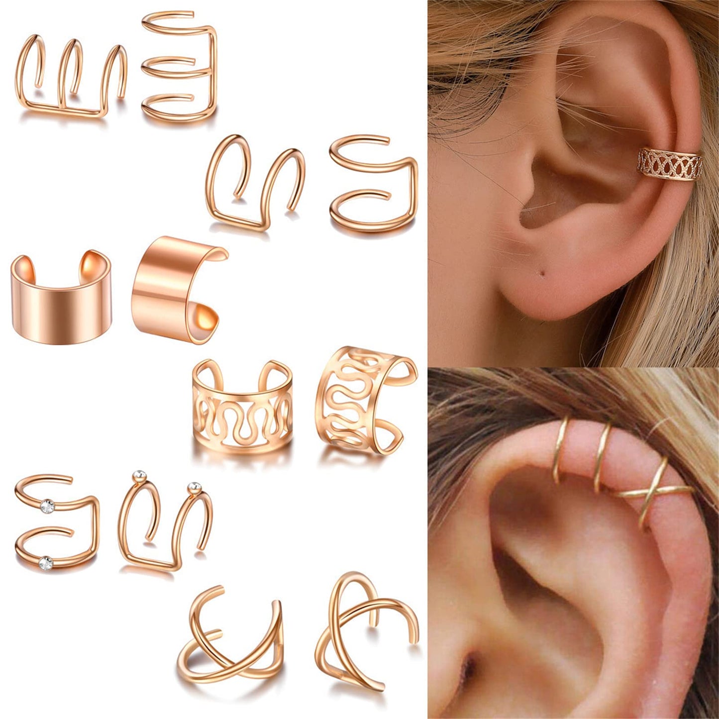 coadipress Ear Cuffs Earrings Set for Women Non-Piercing Stainless Steel Dainty Helix Cartilage Ear Clip On Wrap Earring Set Fake Nose Ring Non-Piercing Adjustable (Gold)