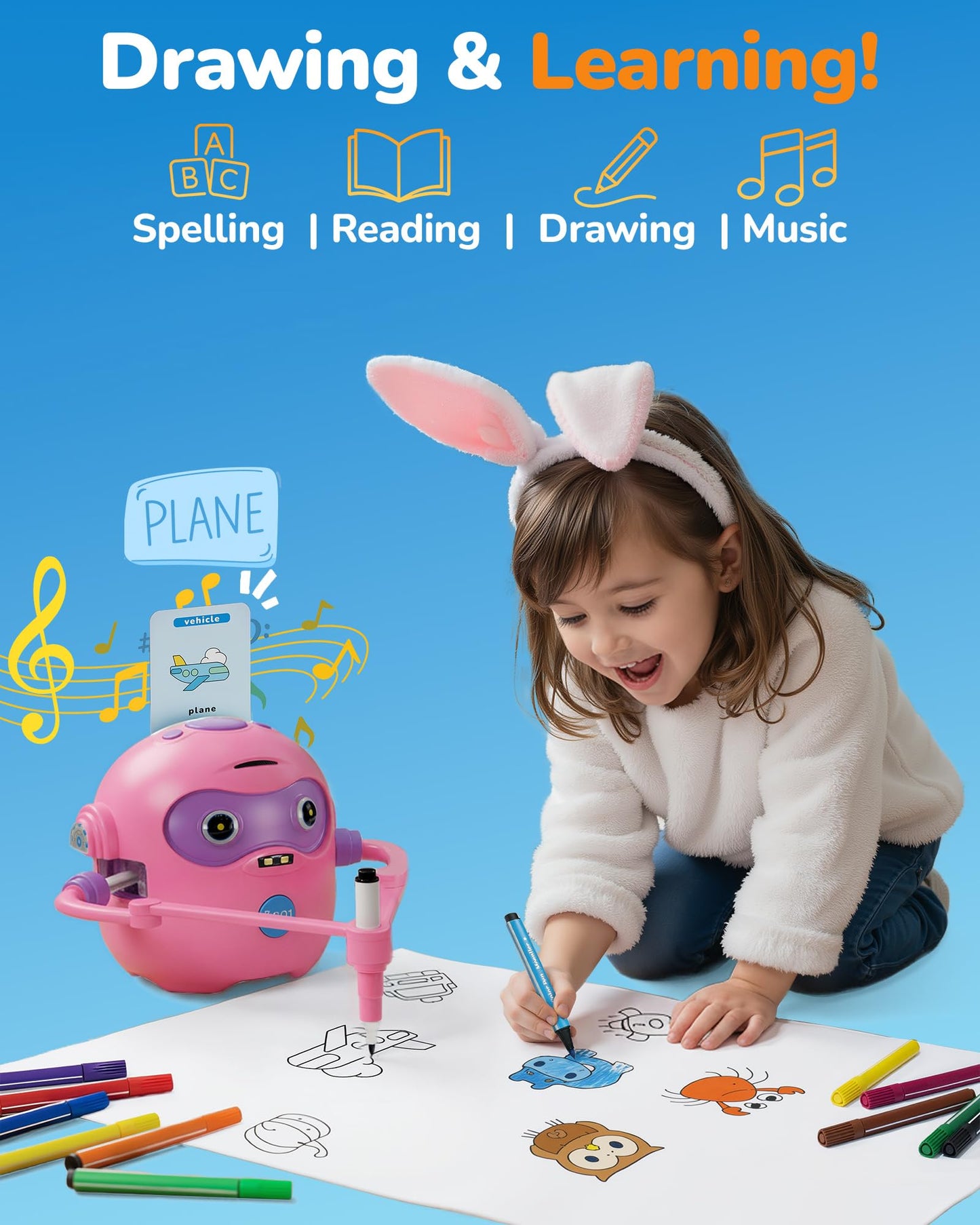 Drawing Robot for Kids, Rechargeable 4-in-1 Draw/Learn/Spell/Music Interactive Educational Robot Drawing Machine with 100 Cards & 12 Color Pens, Learning Toys for 3-8 Year Old Boys Girls Birthday Xmas