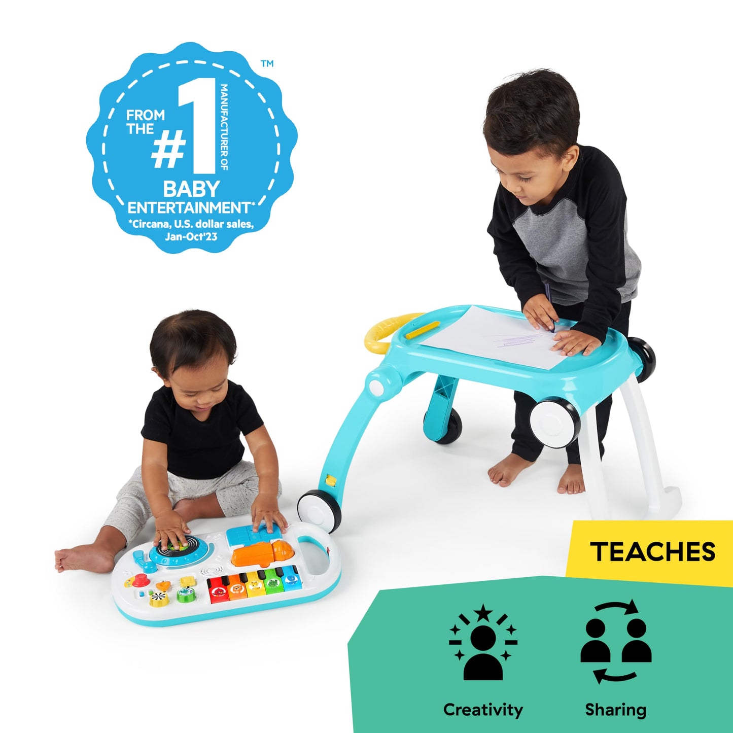Baby Einstein Musical Mix ‘N Roll 4-in-1 Push Walker, Activity Center, Toddler Table & Floor Toy, 100+ Songs & Phrases, DJ Station with Piano