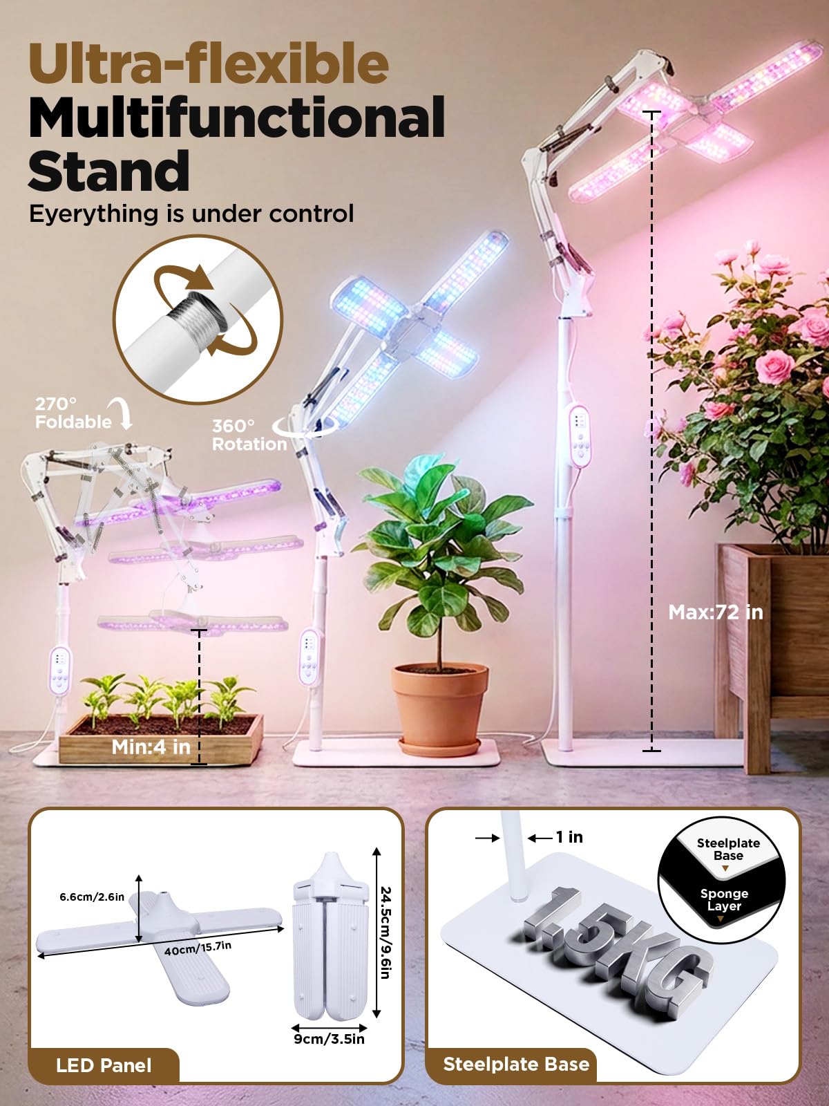 240 LEDs Grow Lights for Indoor Plants with Timer 6/12/16H, Full Spectrum Plant Lights for Indoor Growing 10 Dimmable Level, 24-72" Height Adjustable Tabletop Grow Light Floor Lamp with Remote Control