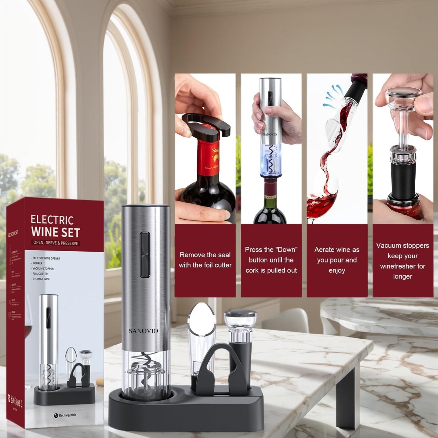 SANOVIO 6-in-1 Electric Wine Opener Set - Rechargeable Automatic Corkscrew with Vacuum Sealer, Wine Aerator, Foil Cutter & Charging Base,Valentine's Day Gifts, Wine Lovers (Stainless Steel)